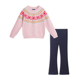 Girls Sweater & Flare Legging Set | Bow Fair Isle - Pink