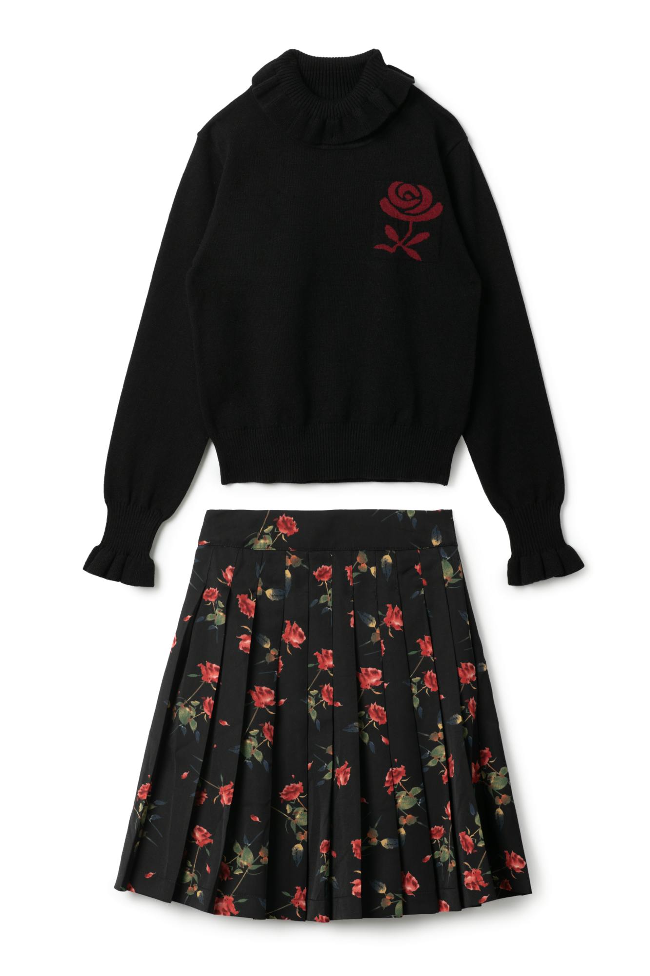 Woven Print Knit Embroidered Turtleneck Skirt and Top Two Piece Set