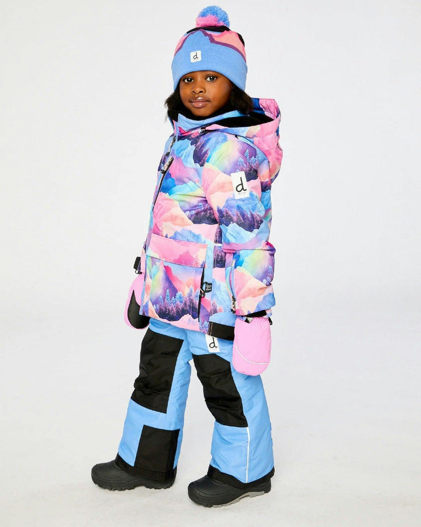 Two Piece Play Snowsuit Pink Mountain Print With Blue Pants