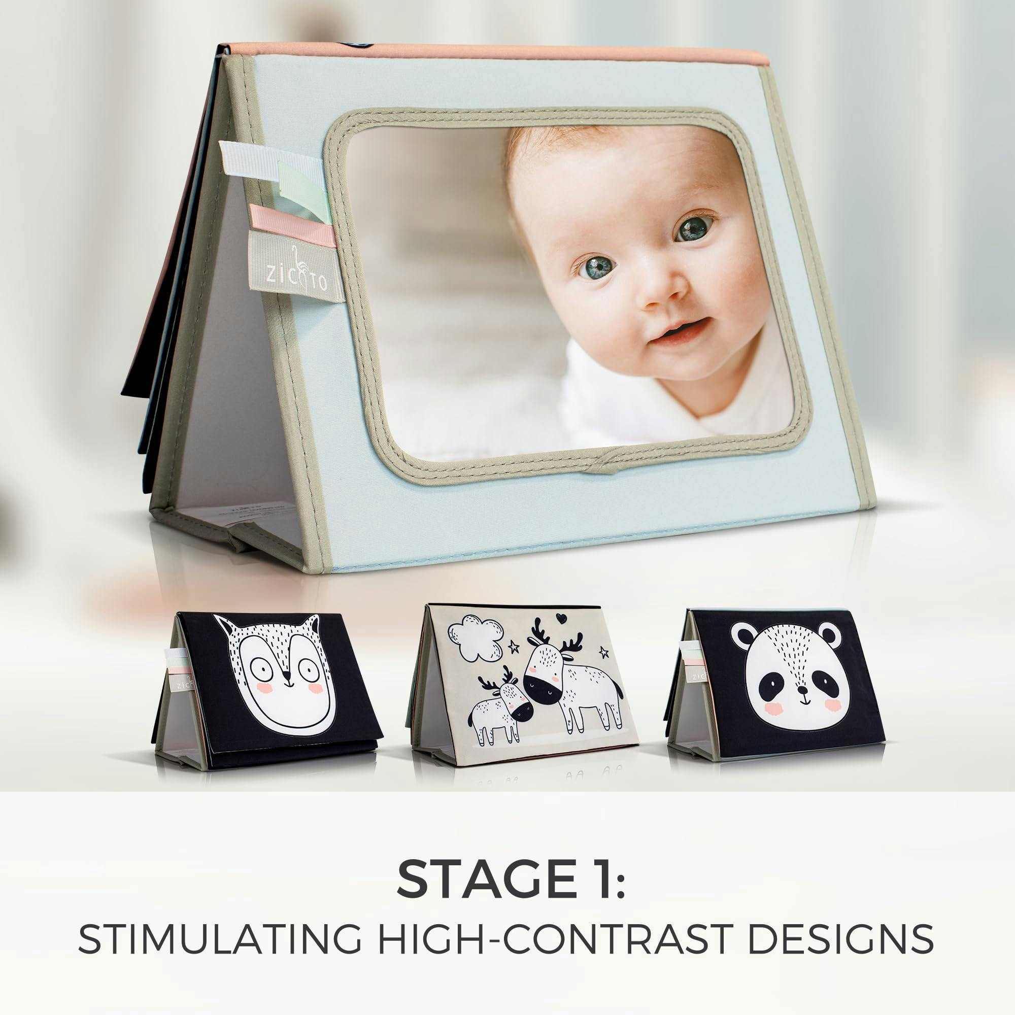 Soft Tummy Time Book w/Large Stimulating Baby Safe Mirror - High Contrast Montessori Toy w/Mirror, Crinkle Filling & Silicone Teether - For Newborn Development