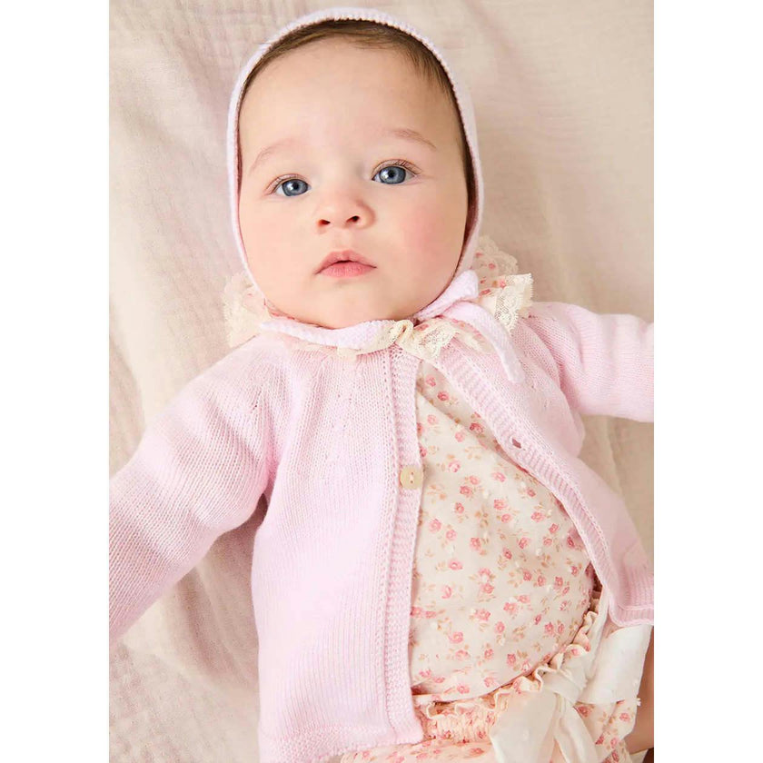 Martha Floral Ruffle Collar Lace Trim Long Sleeve Blouse in Pink (1mth-12mths)