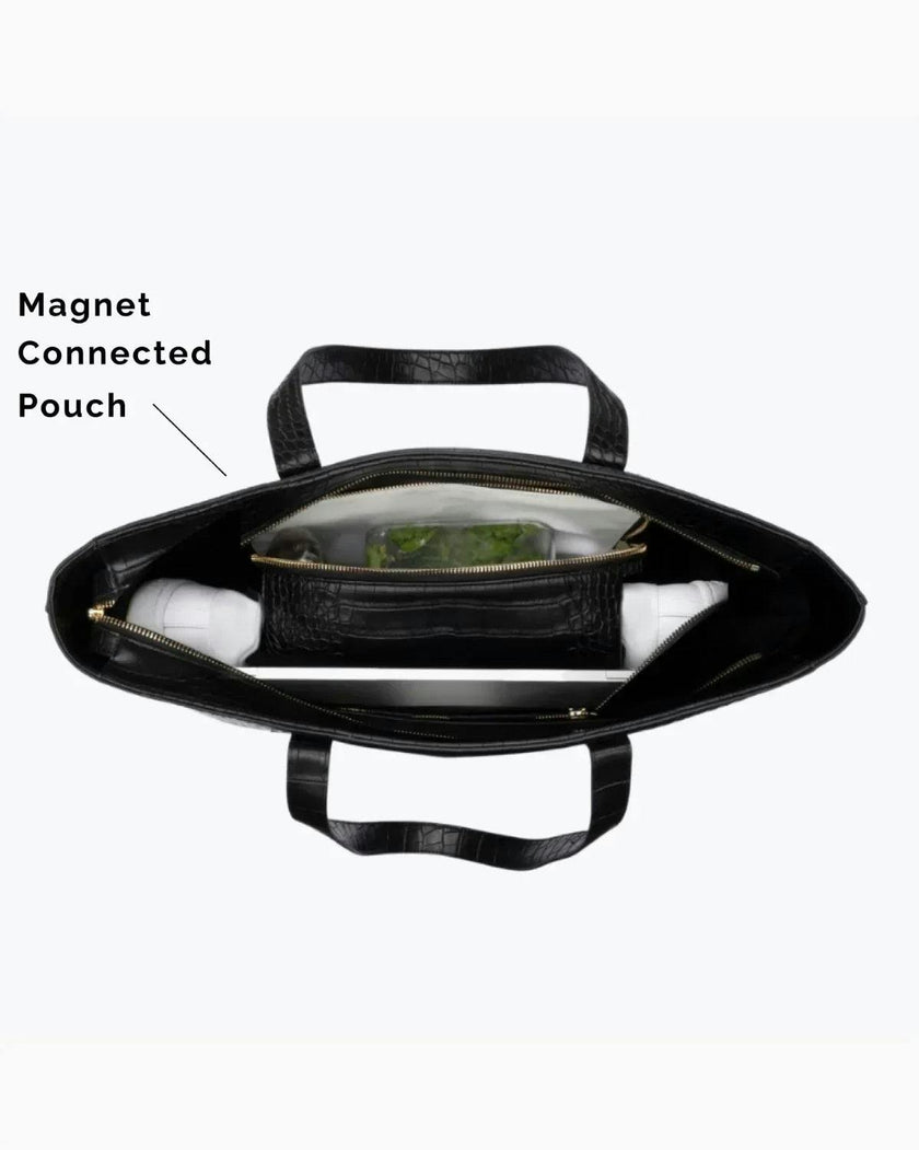 Vegan Leather Work Tote Bag with Removable Insulated Pouch, Black Croc