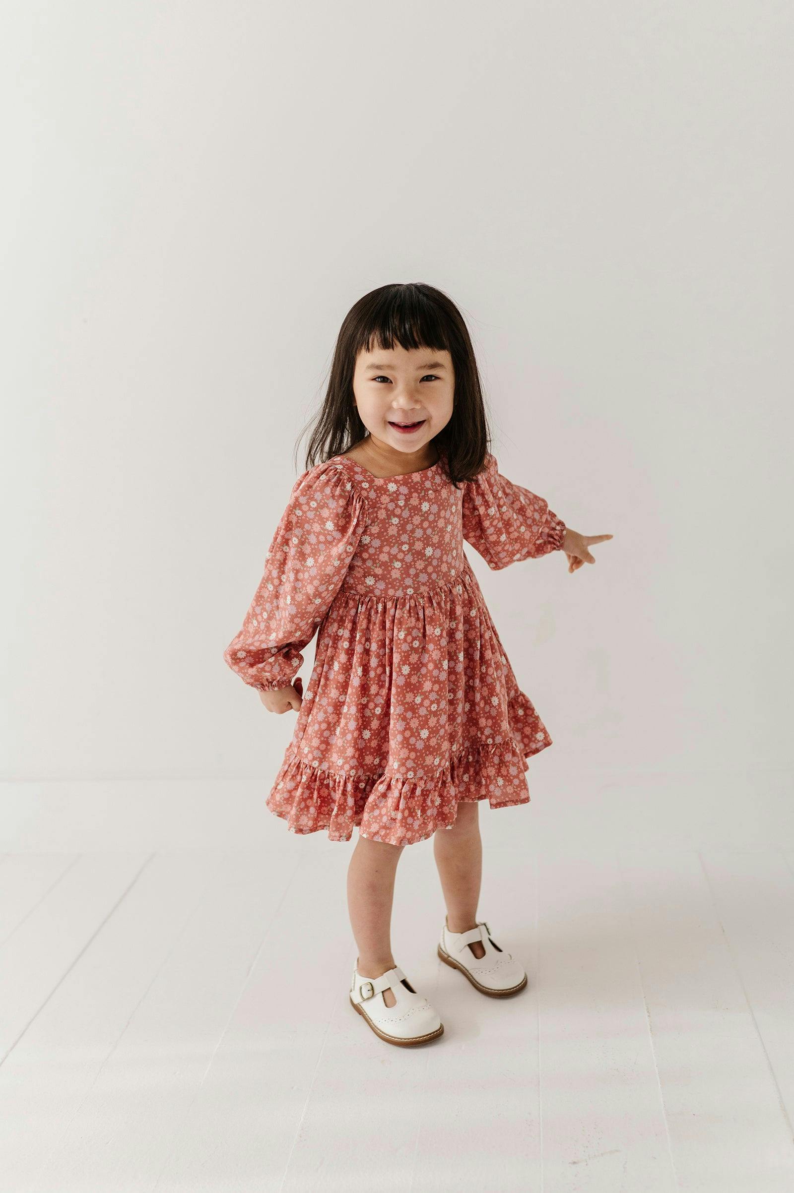 Girls Long Sleeve Viscose Dress in Tiny Petals