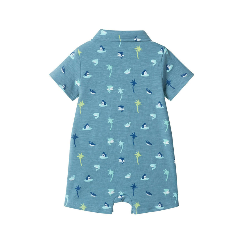 Infant Boys Blue Printed Baby Polo Romper | Blue Palm