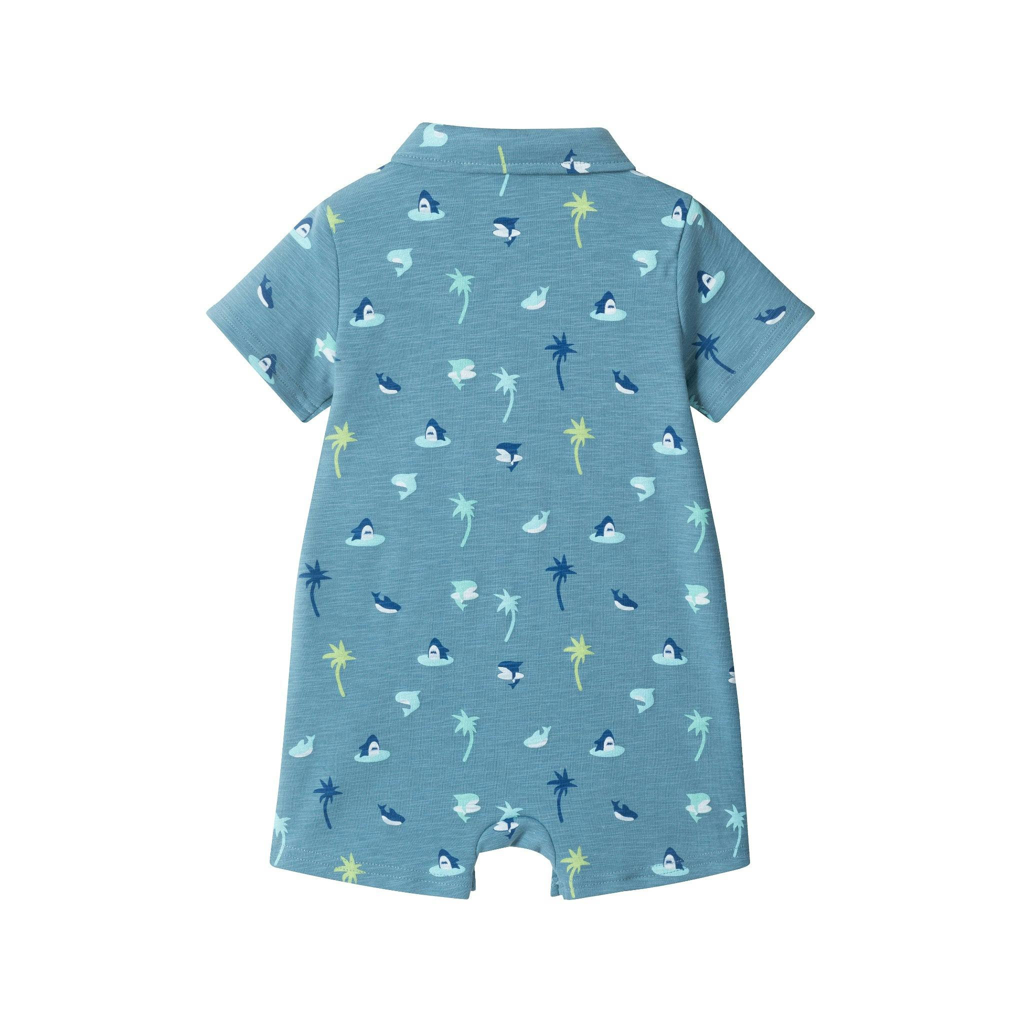 Infant Boys Blue Printed Baby Polo Romper | Blue Palm
