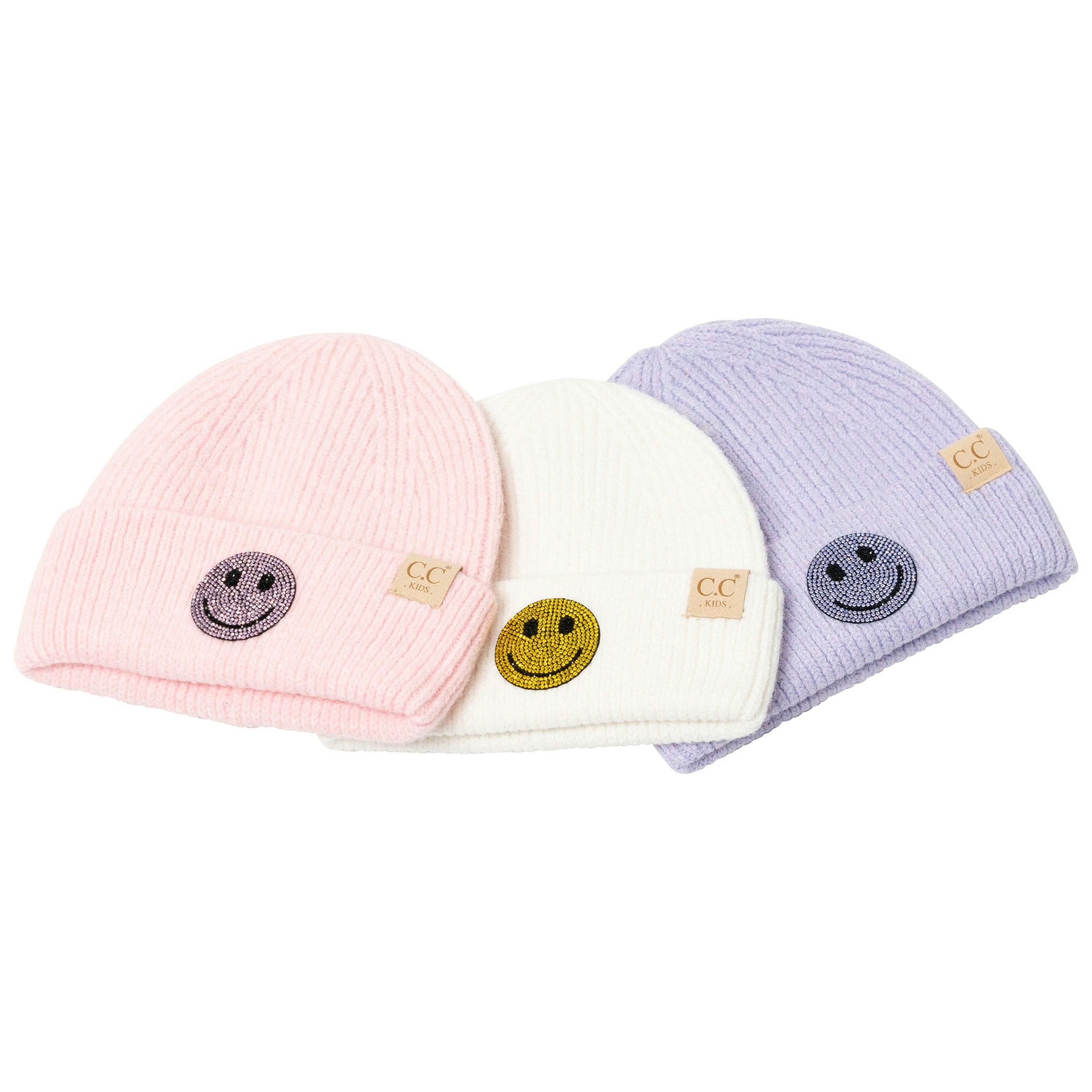 Little Girl's (4-6x) Solid Color Beanie with Rhinestone Happy Face Patch