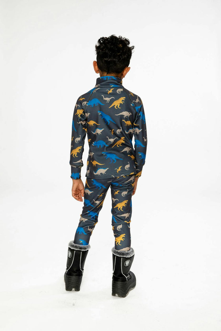 Two Piece Thermal Underwear Grey and Blue Dinosaur Print