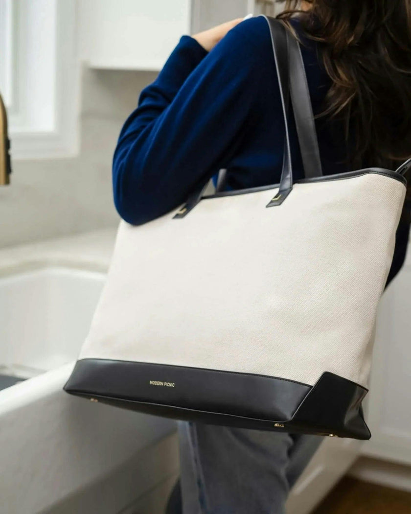 Vegan Leather Work Tote Bag with Removable Insulated Pouch, Black Canvas