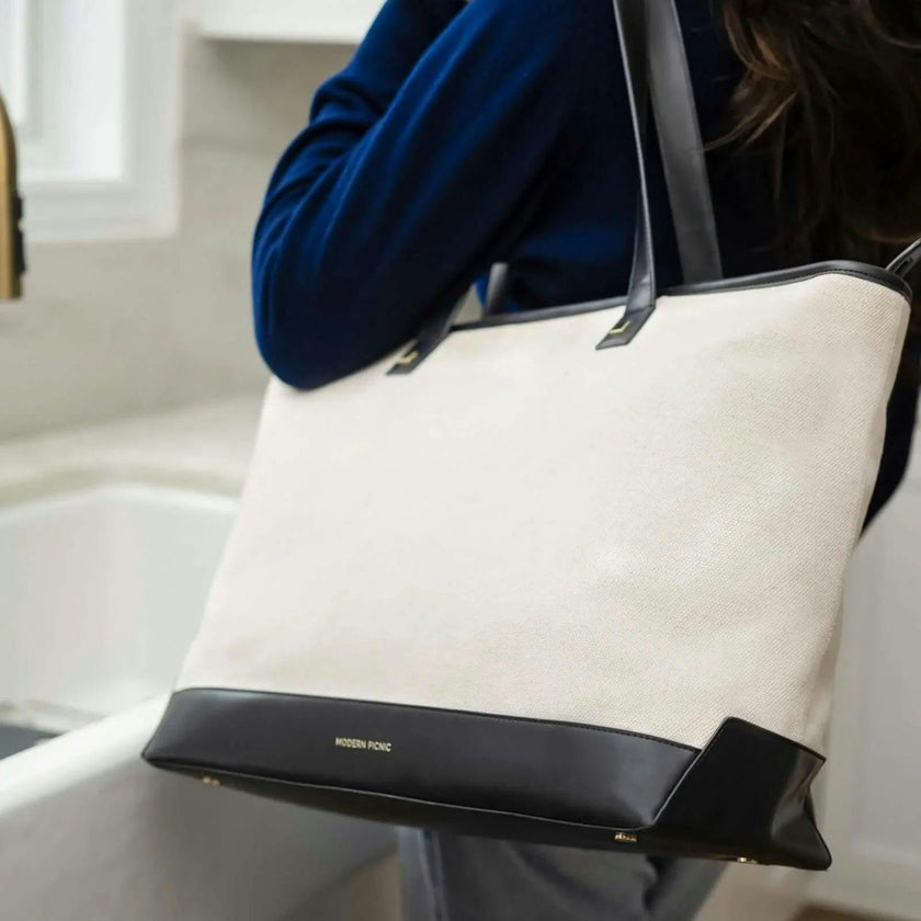 Vegan Leather Work Tote Bag with Removable Insulated Pouch, Black Canvas