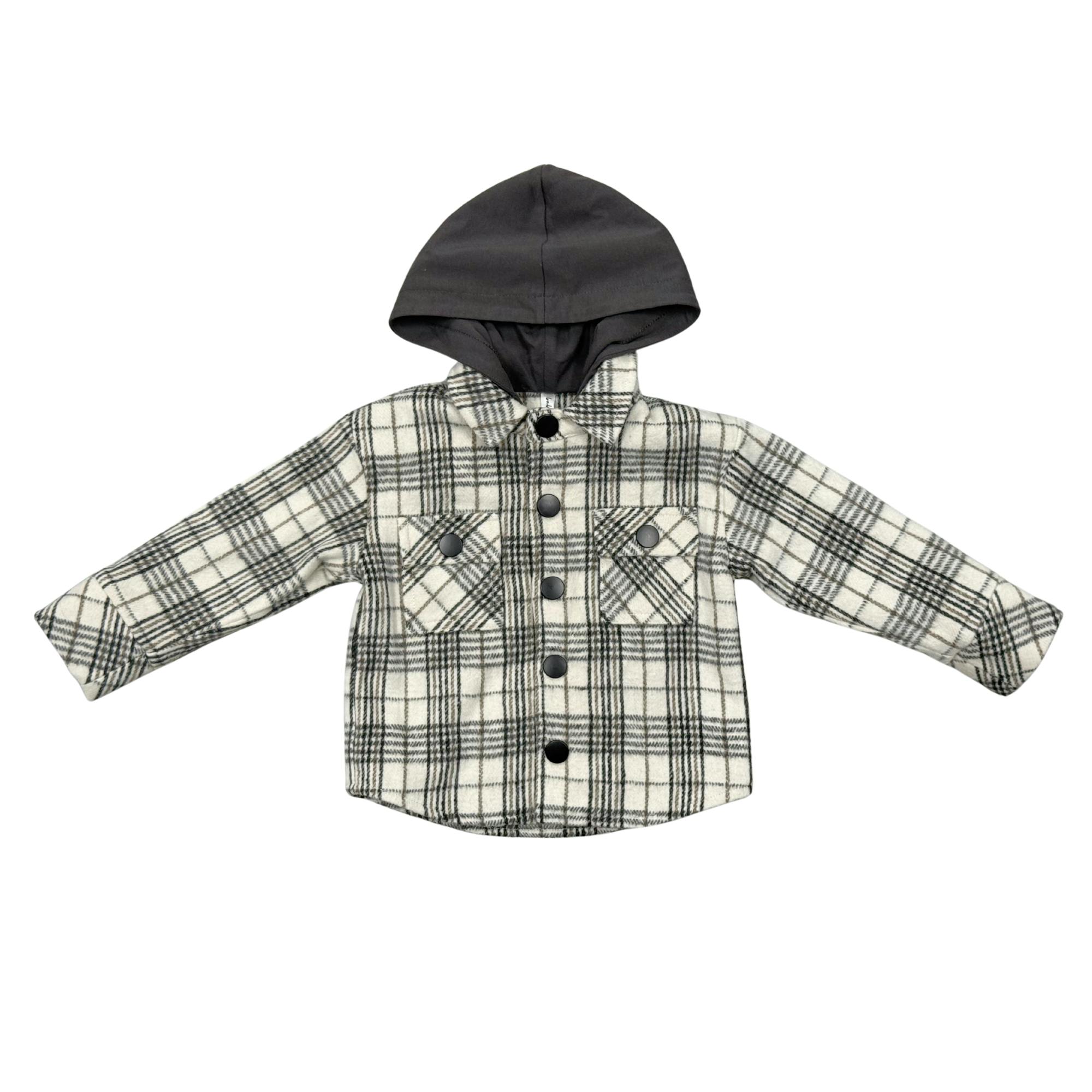 Kids Hooded Shacket in Granite Plaid