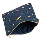 Packed Party Denim and Gems Bejeweled Everything Pouch - Quilted Denim with Multicolor Gemstones and Gold Zipper Pull, Spot Clean, 8.75x7.65 Inch