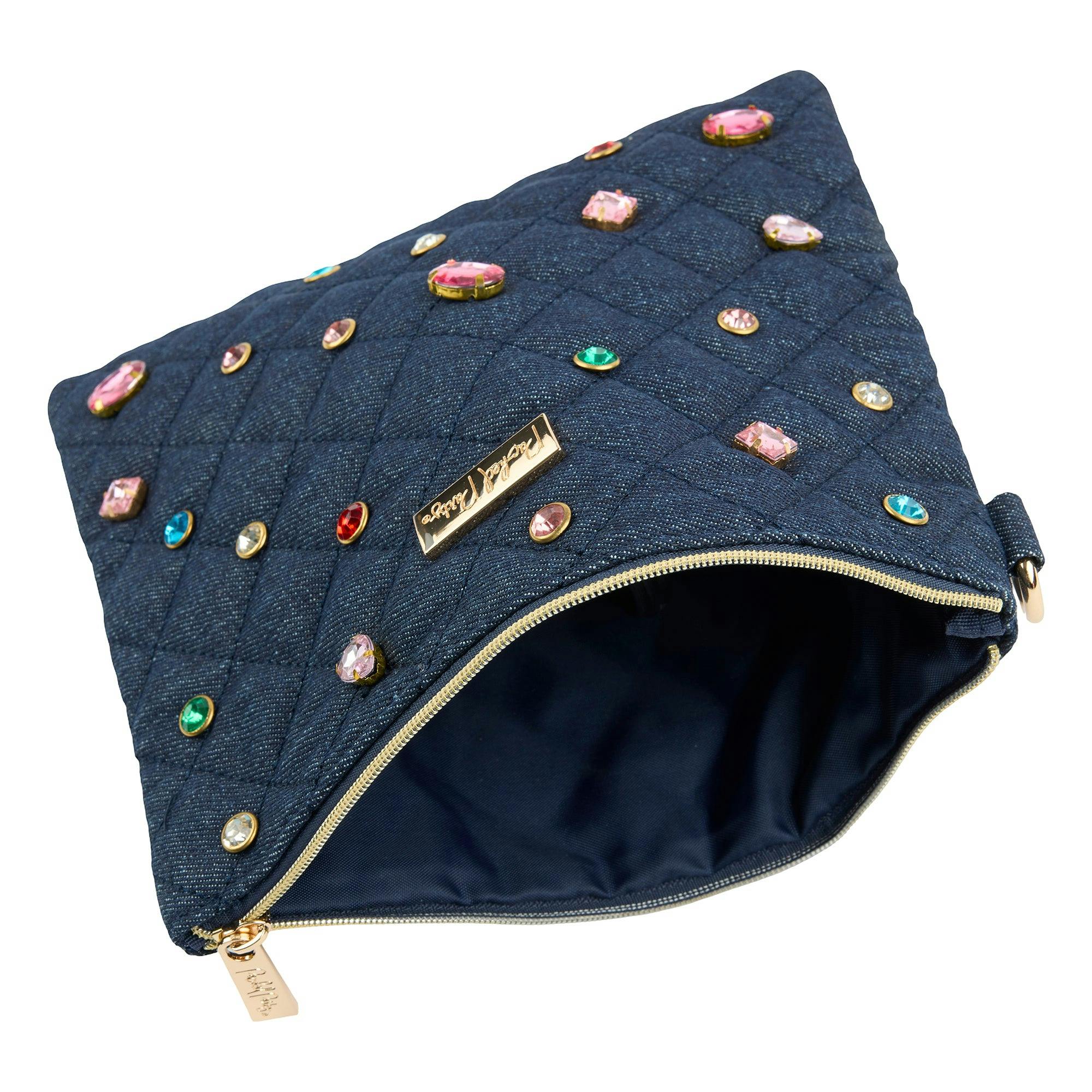 Packed Party Denim and Gems Bejeweled Everything Pouch - Quilted Denim with Multicolor Gemstones and Gold Zipper Pull, Spot Clean, 8.75x7.65 Inch