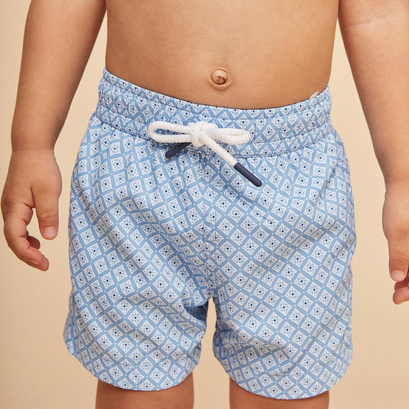 Sky Blue Geo Boys' Swim Shorts