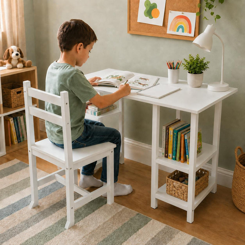 Wooden Desk & Chair Set with 4 Storage Shelves