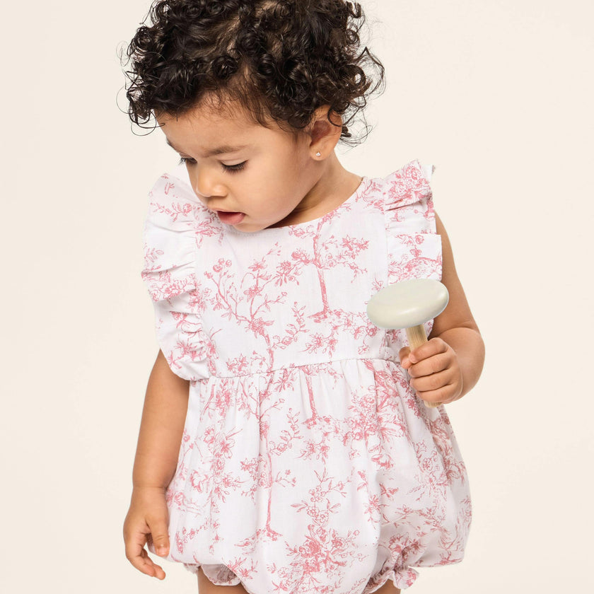 Baby's Twill Ruffled Romper in Pink Timeless Toile
