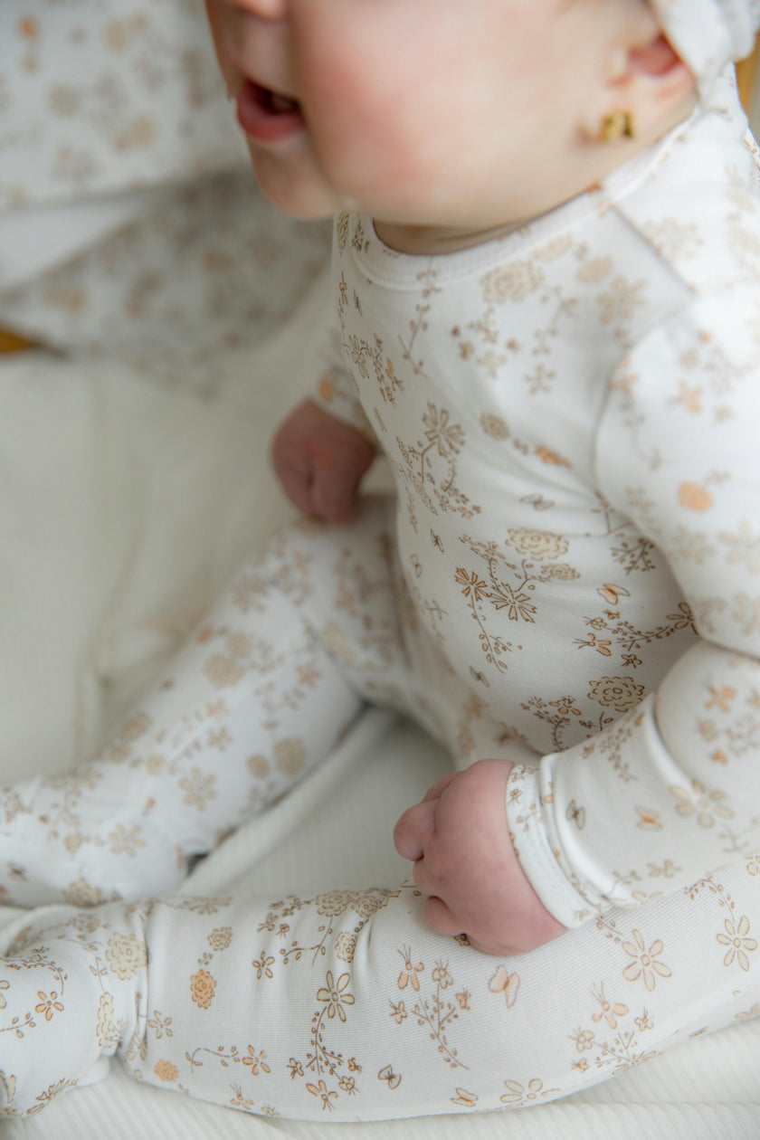 All Over Floral and Mushroom Print Onesie With Hat