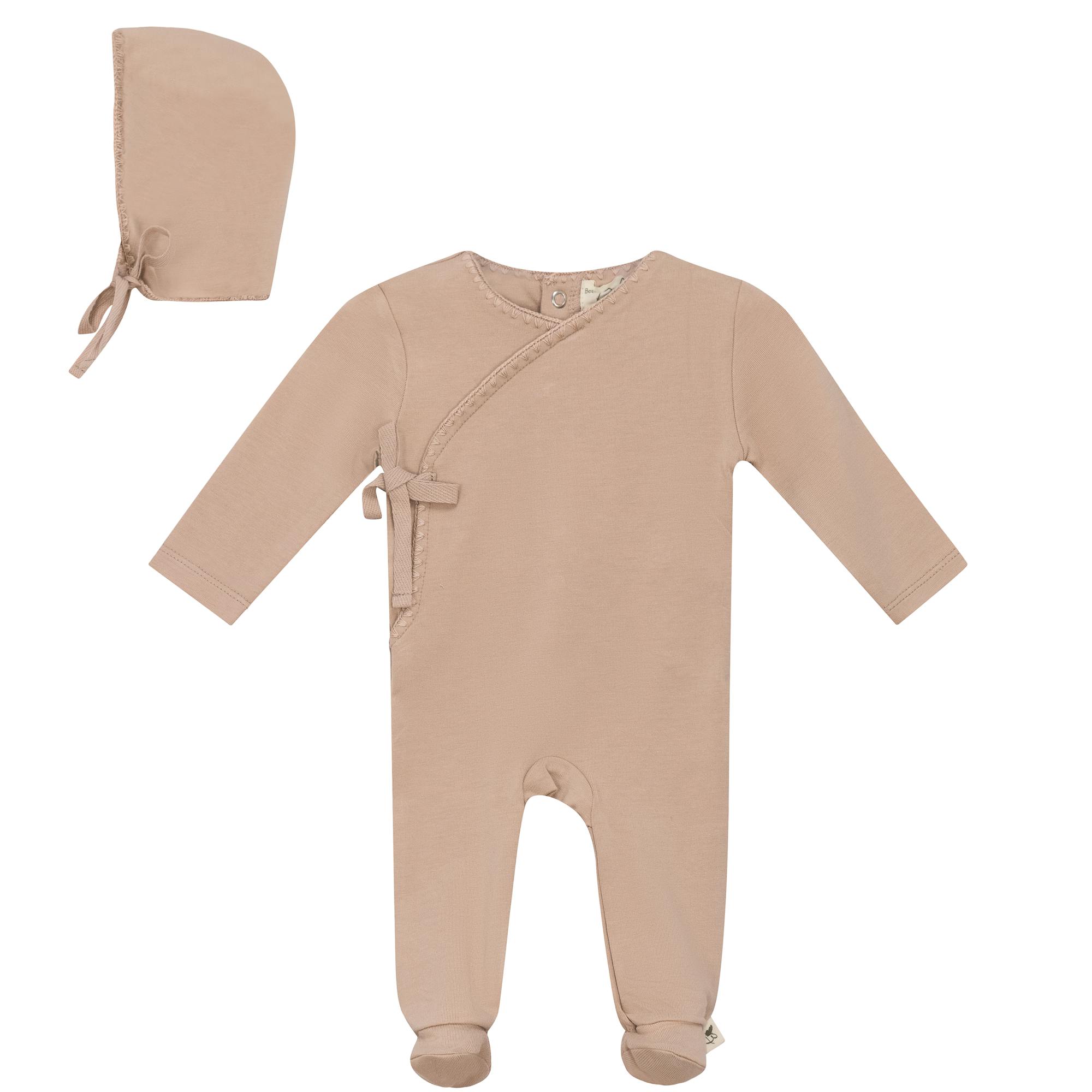 Wrap Snap Front Knit Romper and Bonnet Two Piece Set