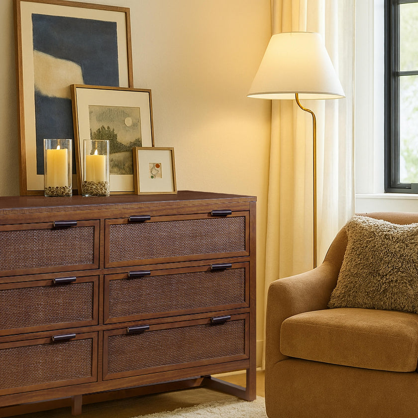 Hatteras Dresser with 6 Rattan Inset Drawers, Faux Leather Pulls & Deep Storage
