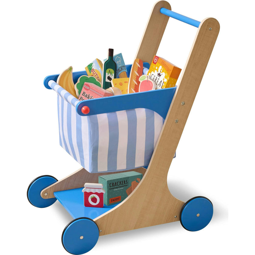 Teamson Kids Little Helper Mr. Fresh Wooden Shopping Cart with 13 Grocery Accessories