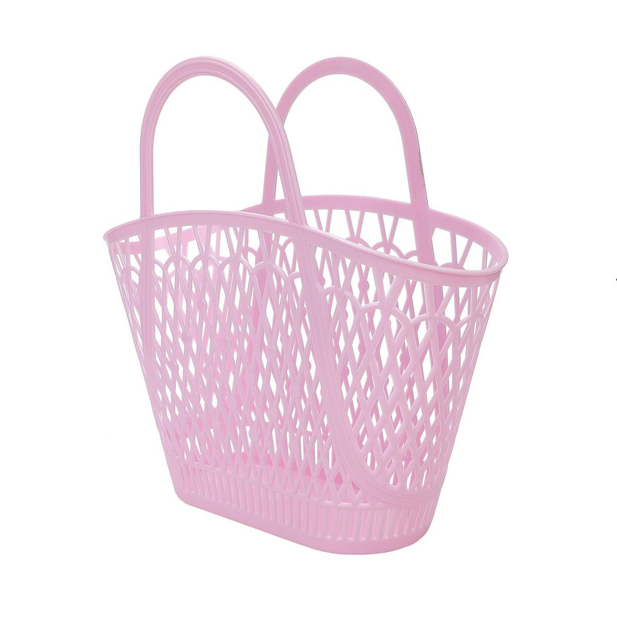 Packed Party Petal Party Pink Silicone Woven Basket with 6 Floral Twisty Charms - Lightweight Open Weave Carryall, 16x10.4 Inch with 15 Inch Handle