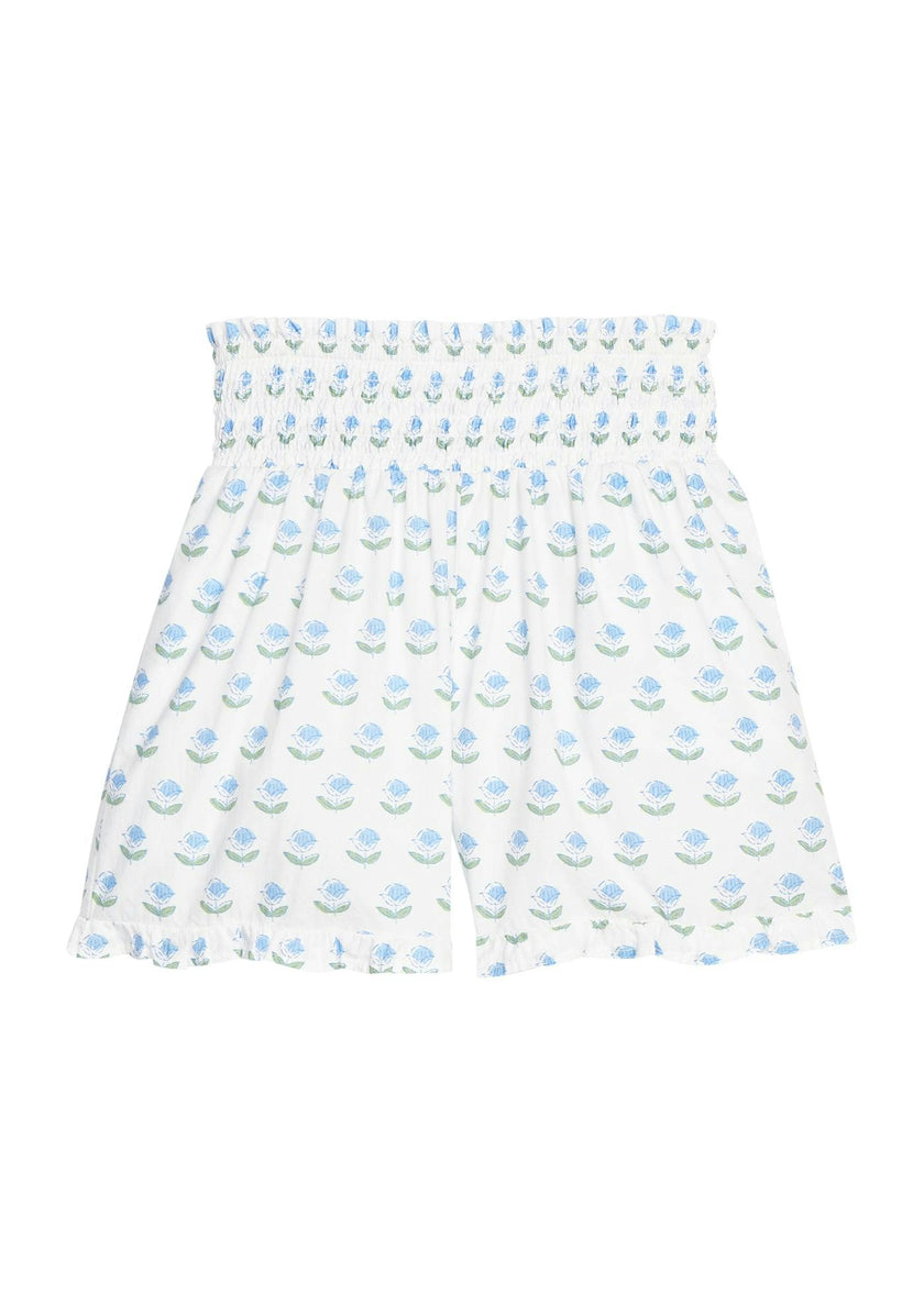 Shirred Ruffle Shorts - Blue Tulip Block Print