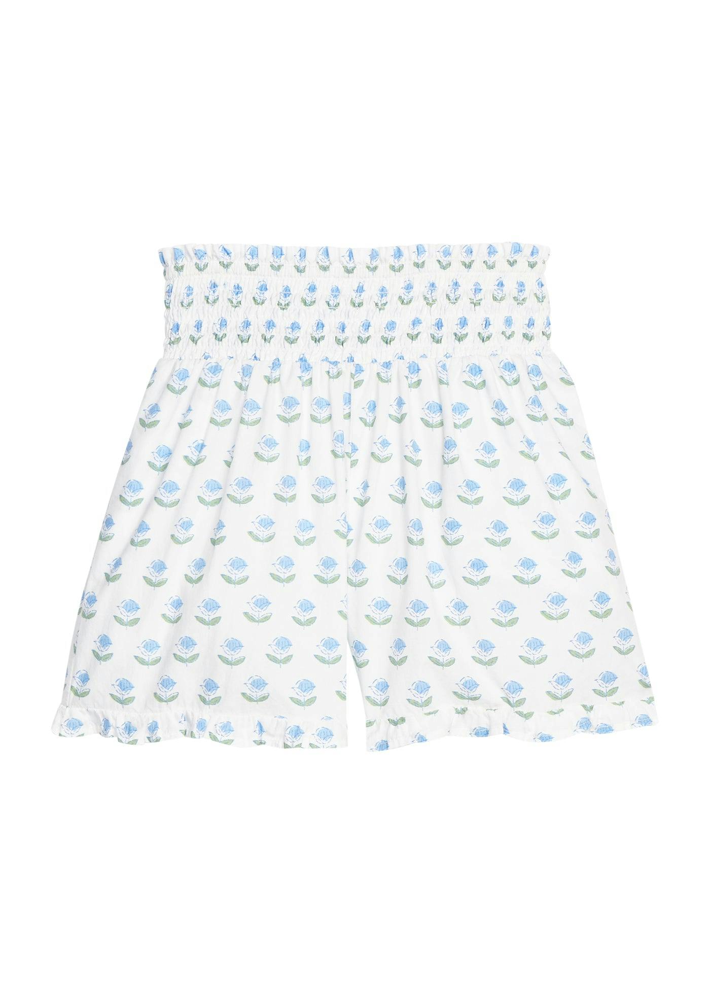 Shirred Ruffle Shorts - Blue Tulip Block Print