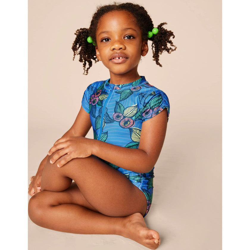 Short Sleeve Zipped Rash Guard One-Piece Swimsuit, Blue
