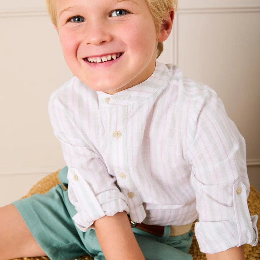 Hampton Stripe Mao Collar Shirt in Green (3- 10yrs)