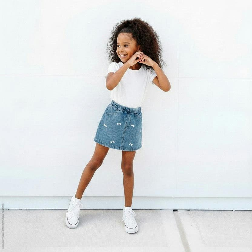 Girls' Denim Bow Skirt Skort in Medium Wash