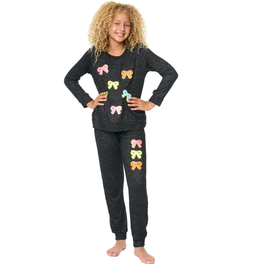 Hacci Sweatpants with Assorted Color Glitter Chenille Bow Patches