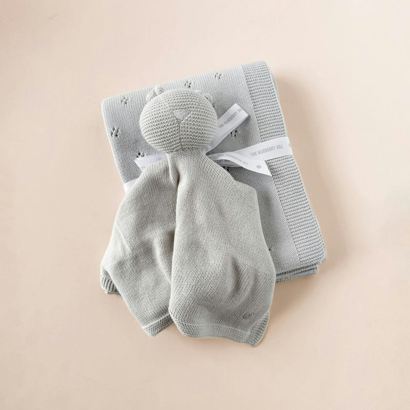 Pique Blanket and Bear Lovey Gift Set - Light Grey