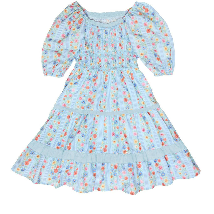 Mini Roselyn Dress in Blue Linear Floral Print