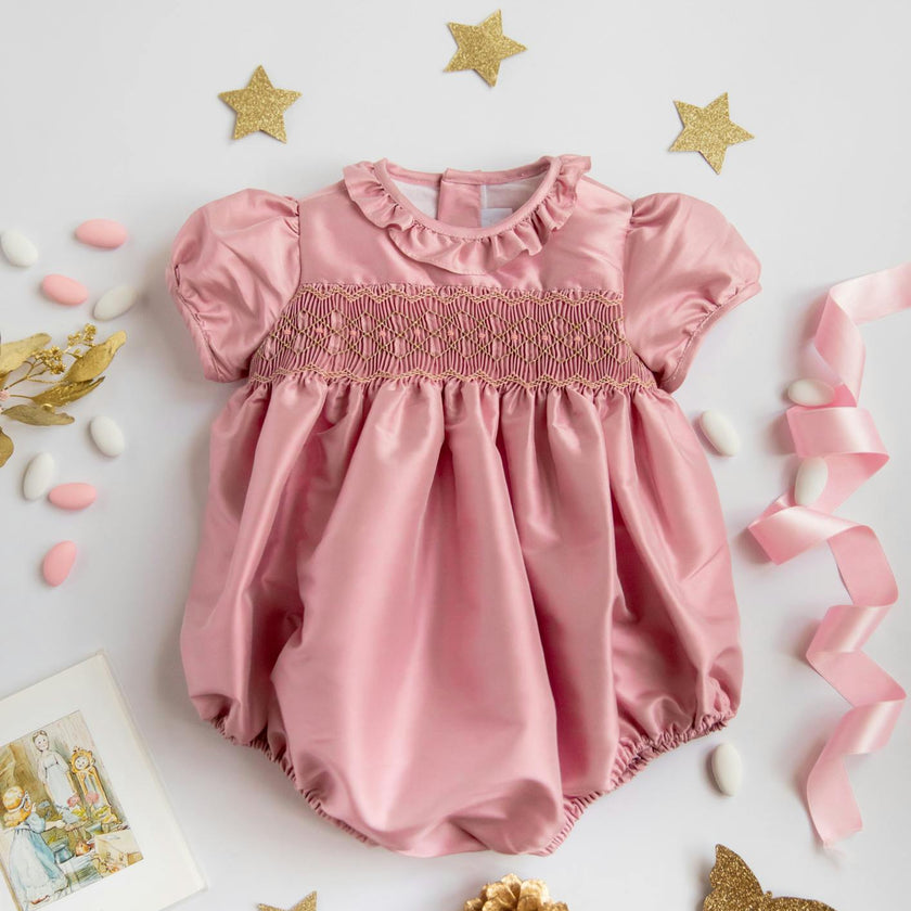Astrid Pink Silk Smocked Baby Bubble