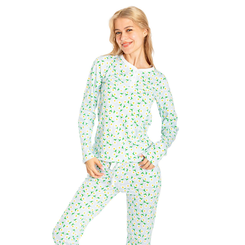 Women's Daisy Jersey Long PJ Set - Blue Organic Stretch Cotton