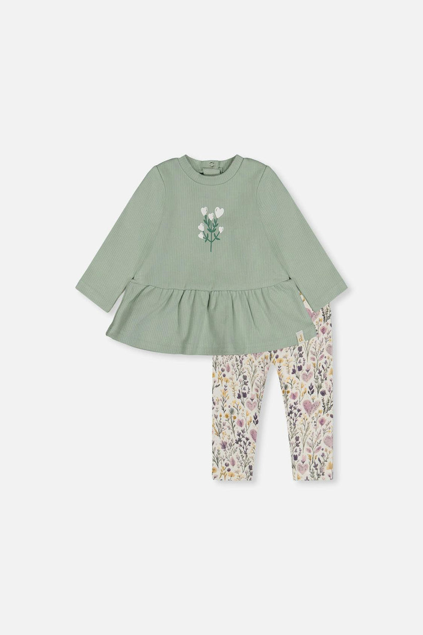 Organic Cotton Peplum Tunic And Legging Set Green And Beige Heart Print