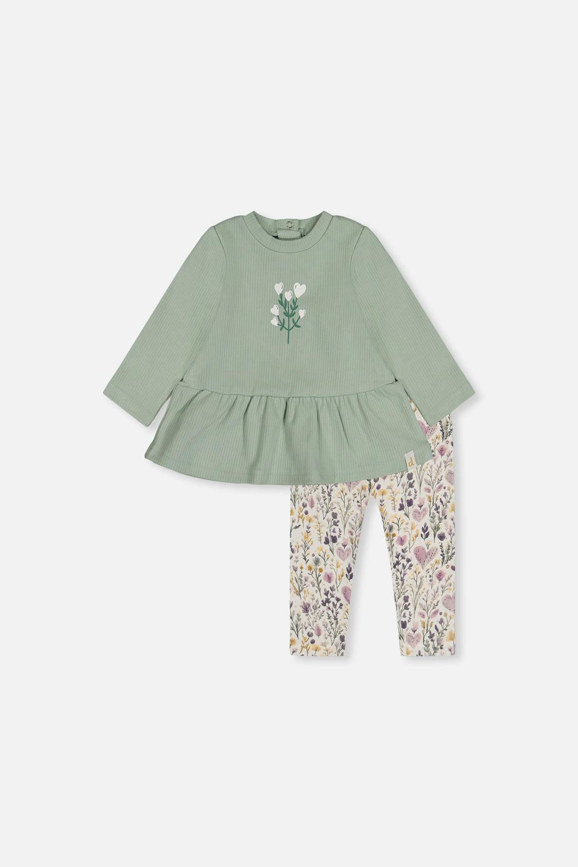 Organic Cotton Peplum Tunic And Legging Set Green And Beige Heart Print