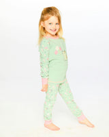 Organic Cotton Two-Piece Pyjama Set Green Kitten Print