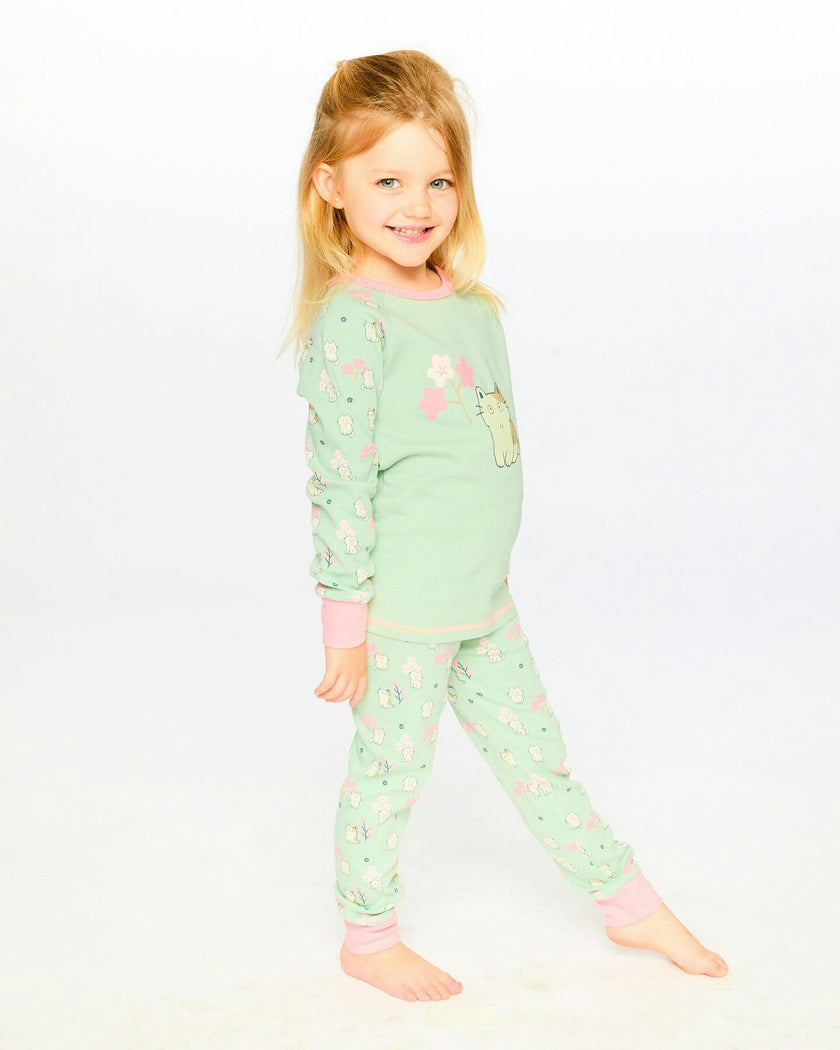 Organic Cotton Two-Piece Pyjama Set Green Kitten Print