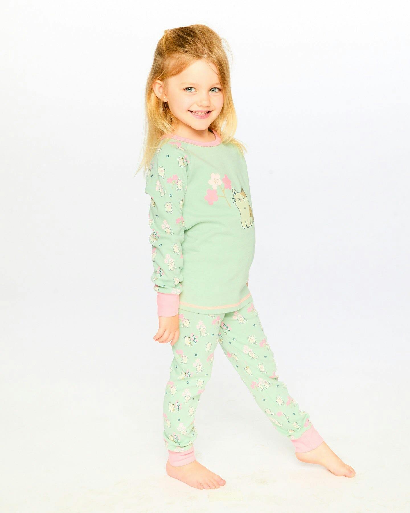 Organic Cotton Two-Piece Pyjama Set Green Kitten Print