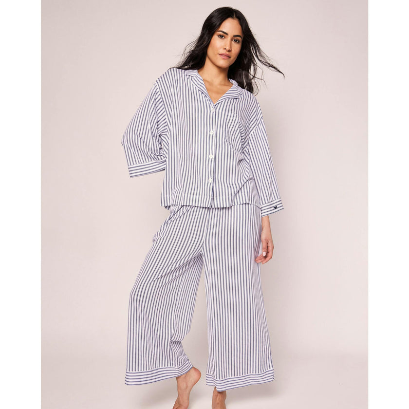 The Olivia Wide Leg Pima Pajama Set in Navy French Ticking