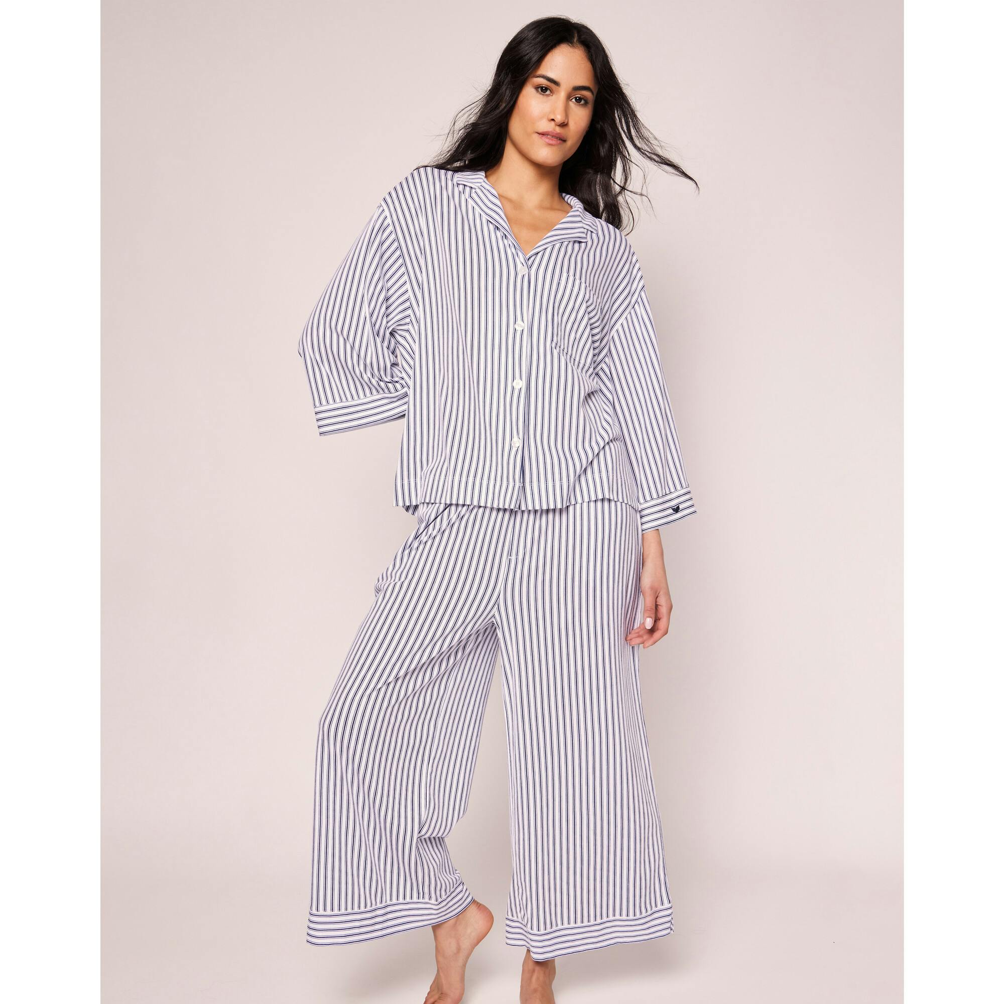 The Olivia Wide Leg Pima Pajama Set in Navy French Ticking