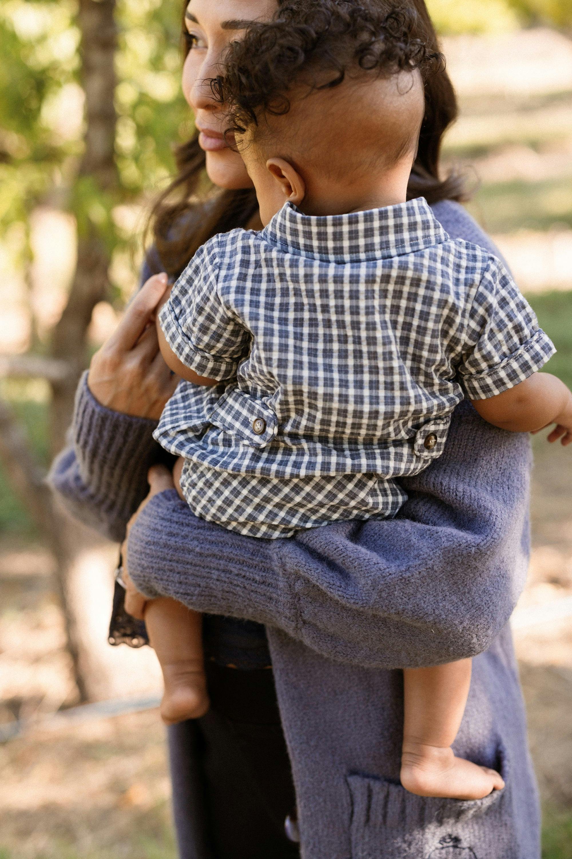 Baby Lucas Romper in Prussian Blue Plaid