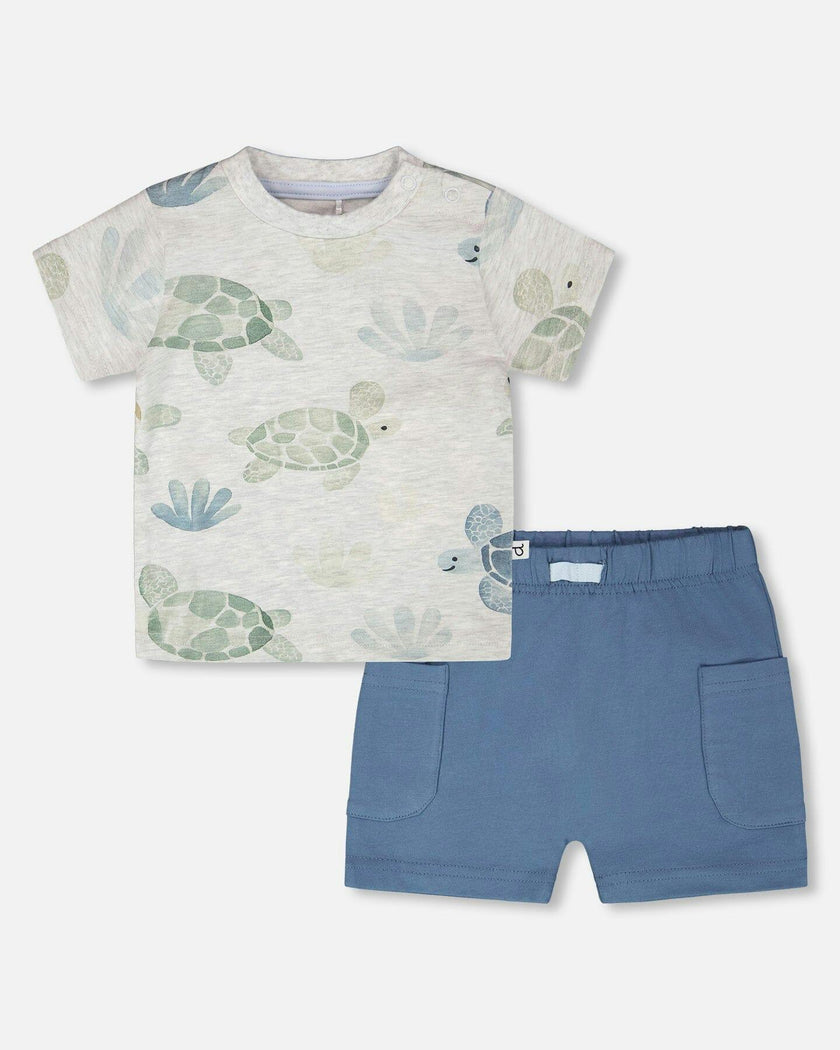 Jersey T-Shirt And Organic Cotton Jersey Shorts Set Grey Mix Turtle Print And Medium Blue