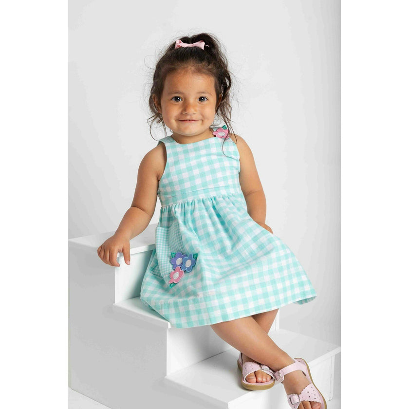 Gingham Linen-Look Dress With Flowers