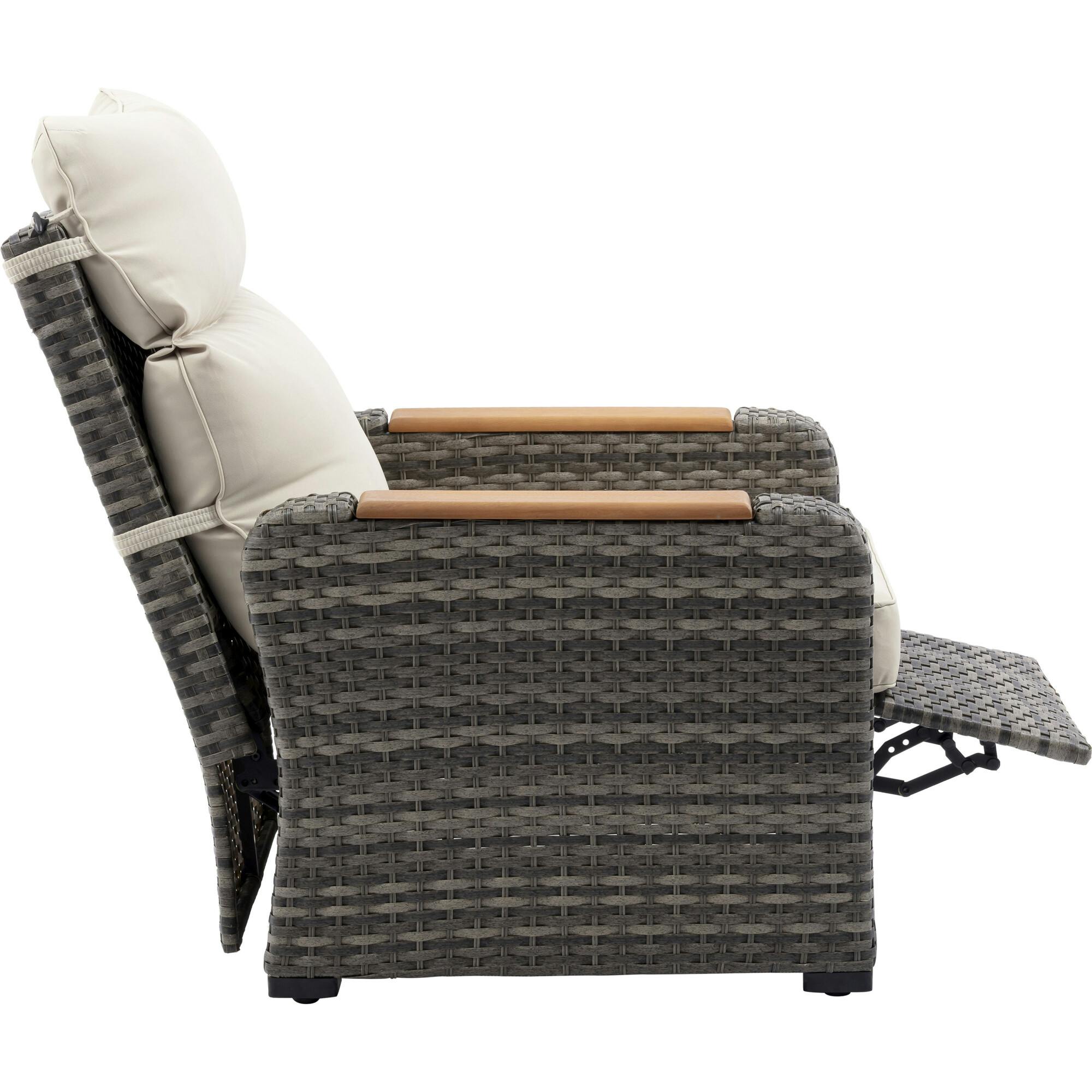 Teamson Home Outdoor Seating Wicker Frame & Wood Armrests Recliner Set in Gray