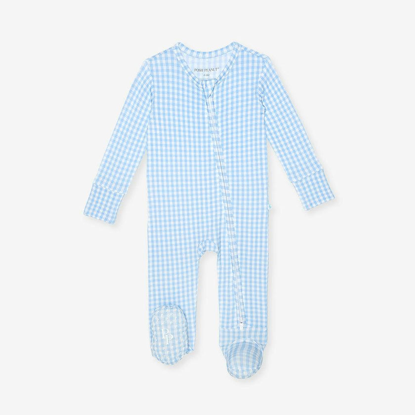 Blue Gingham Footie Zippered One Piece