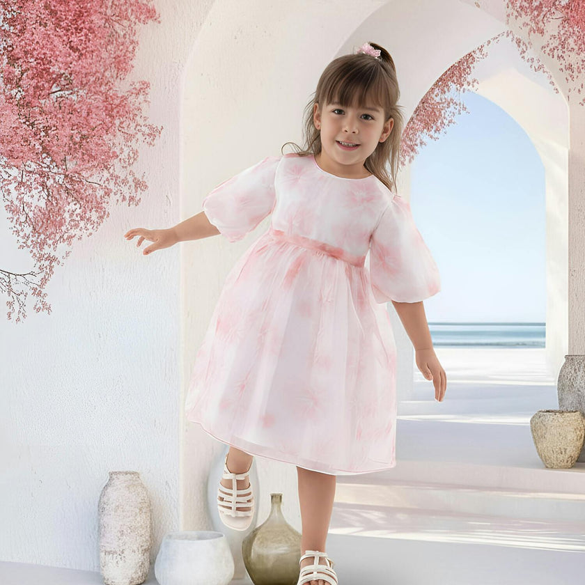 Esperanza Baby Dress Short sleeve, Pink Flower Organza