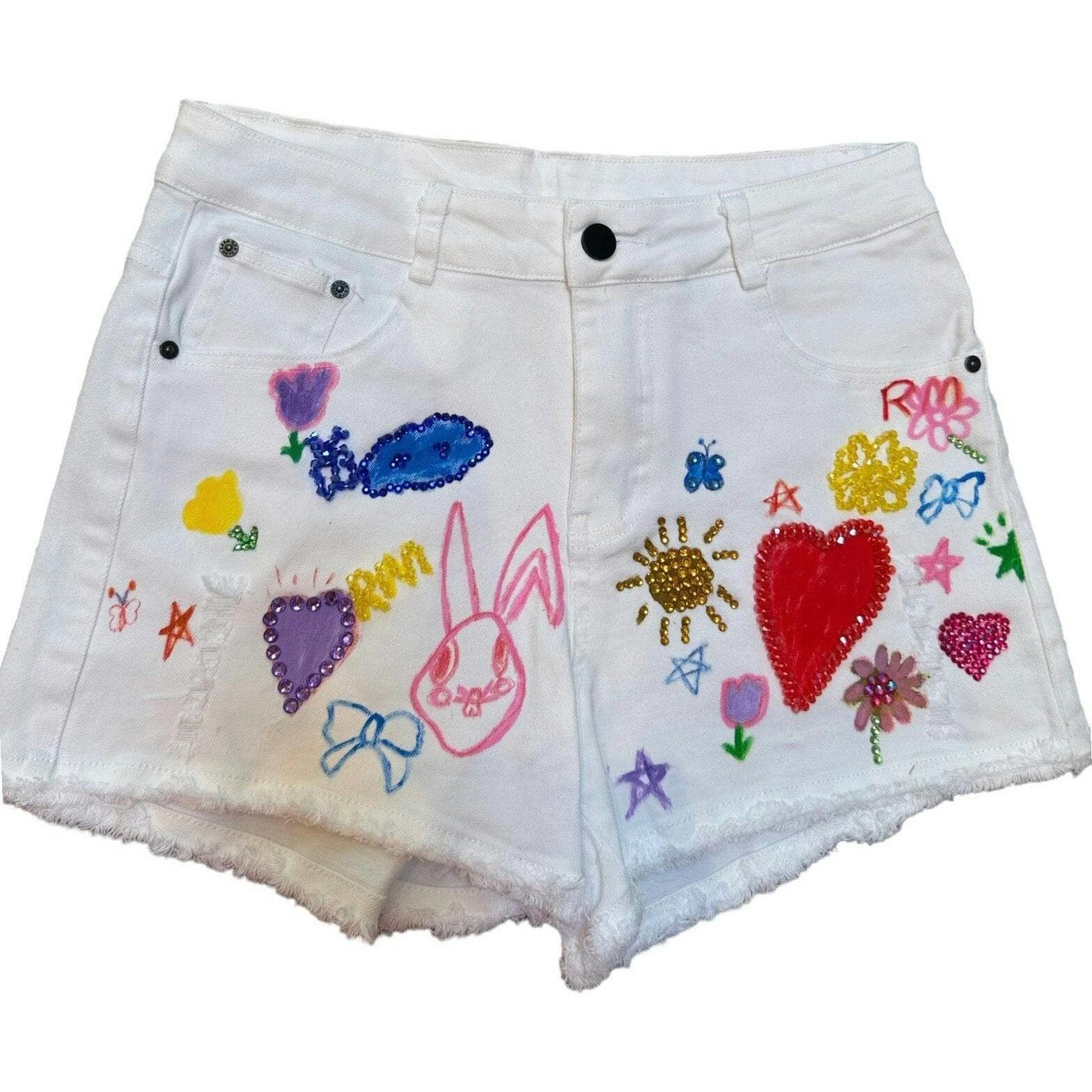 Art Crystal Frayed Hem Denim Shorts