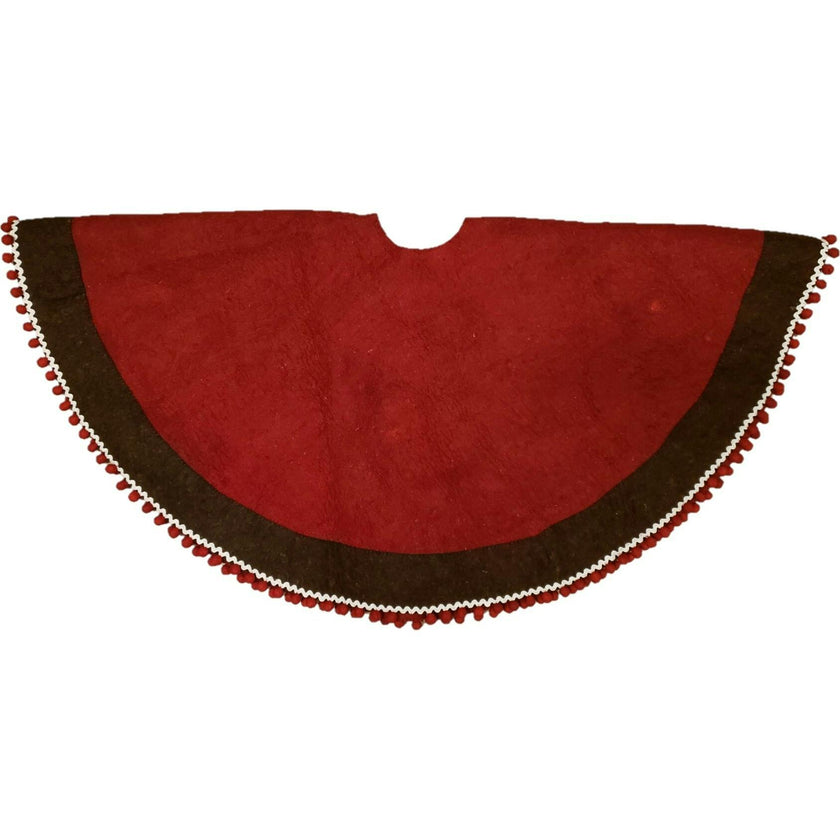 Handmade Wool Felt Red Christmas Tree Skirt with Brown Border and Pom Pom Edge  60"