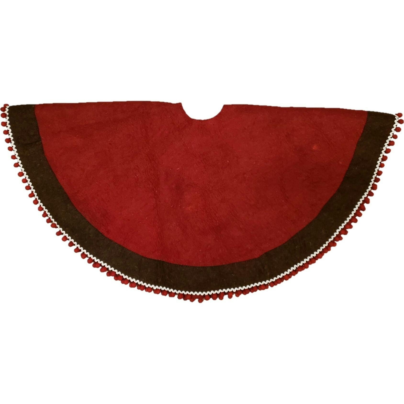 Handmade Wool Felt Red Christmas Tree Skirt with Brown Border and Pom Pom Edge Arcadia Home 60”